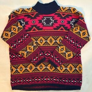 Vintage Croquet Club Knit Aztec Fair Isle Decorative Mock Neck Sweater L